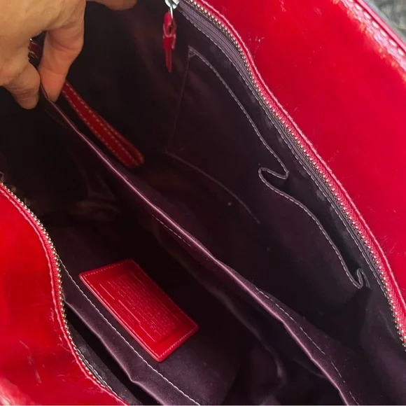 COACH Signature Embossed Patent Red Leather Laptop Diaper Tote Bag XL - Picture 8 of 14